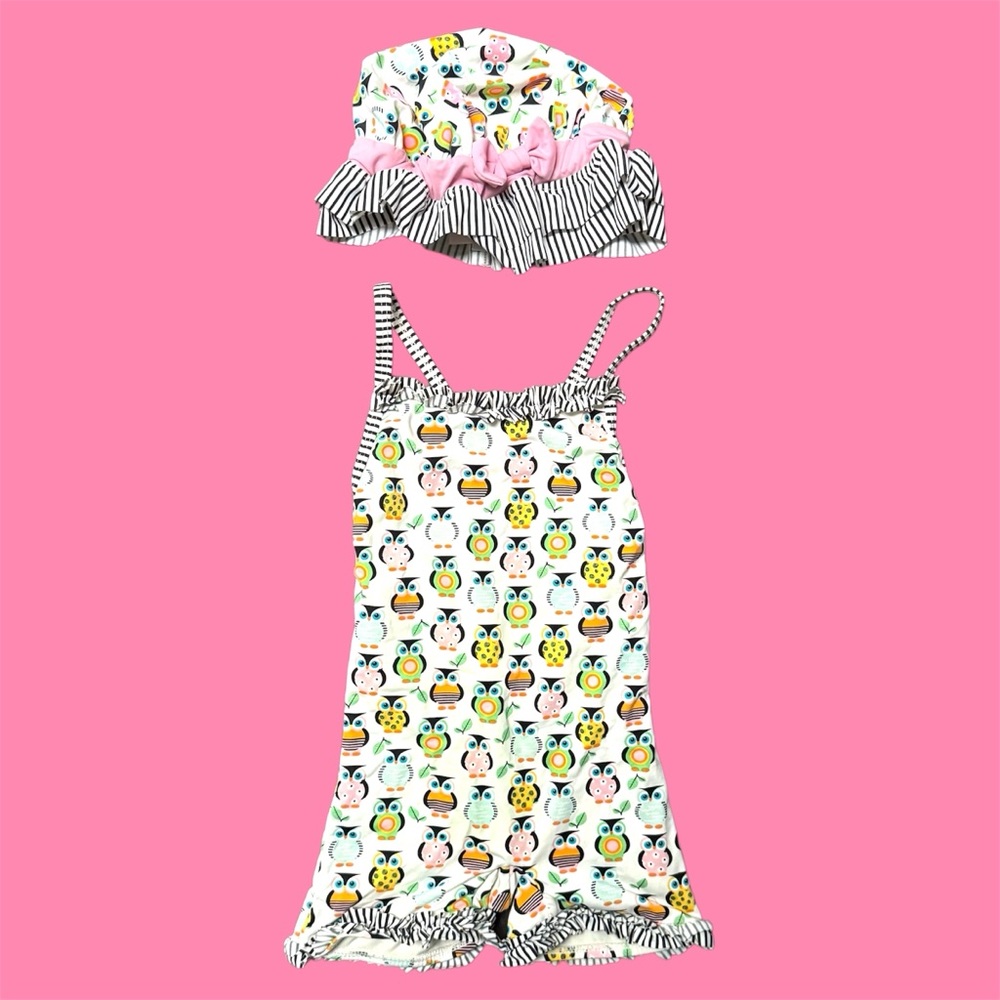 Ray Ray Little Owl Print Swimsuit w Matching Swim Hat Baby Girl's